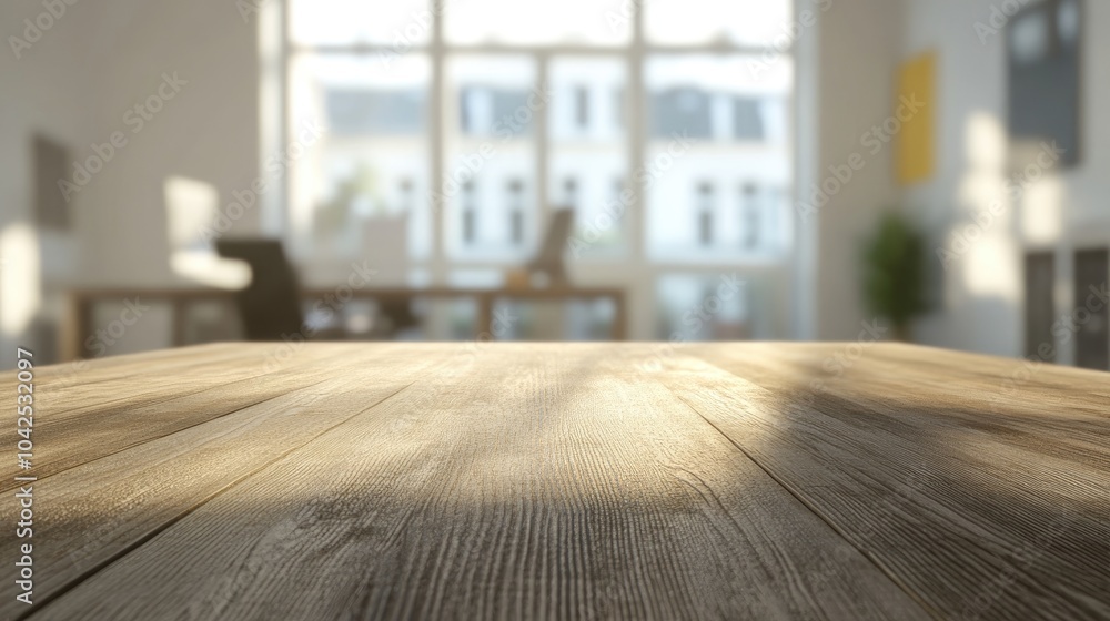 Poster 3d rendering of an empty wooden tabletop with a blurred office environment in the background