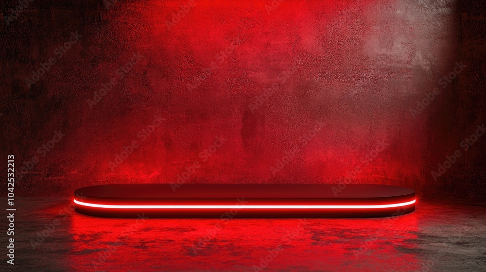 Aufkleber red neon light product display on a grunge floor stage with a glowing spotlight and blank platform 3