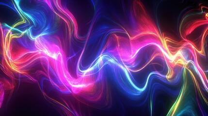 3D rendering of an abstract psychedelic background featuring glowing lines neon lights and vibrant ultraviolet colors