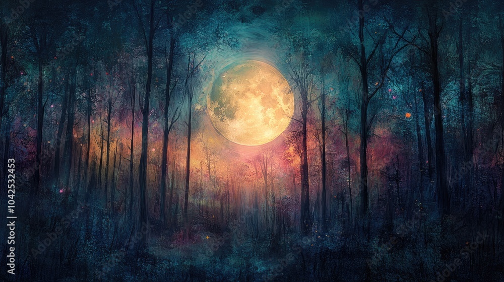Poster a vibrant moon appears through the trees in a wide panoramic view showcasing an artistic scene