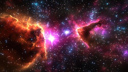 Cartoon 3D rendering of a vibrant red violet nebula in outer space featuring the Horsehead Nebula and an unusual colorful nebula in a distant galaxy