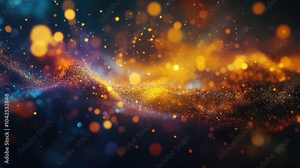 Poster abstract background featuring dynamic dust particles illuminated with glare and varying colors creat