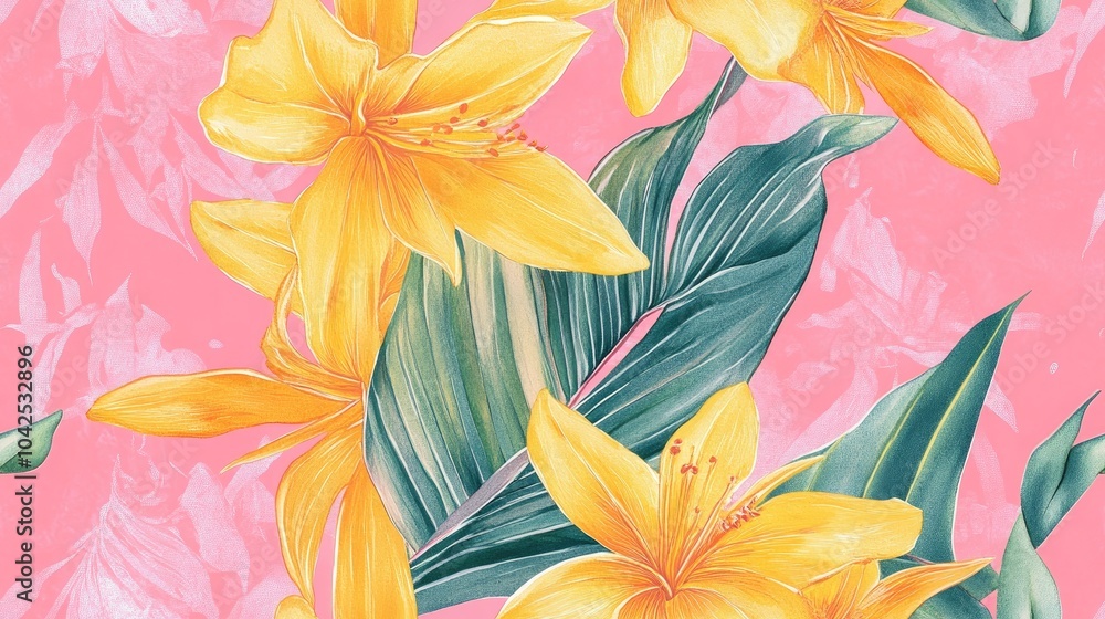 Poster bold abstract floral pattern featuring a large jungle seamless design on a pink and yellow backgroun