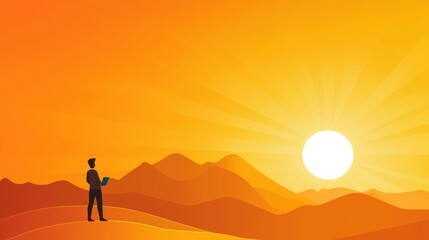 Fototapeta premium Person Watching Sunrise with Laptop in Hand