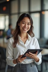 Fototapeta premium Portrait of happy businesswoman with touchpad in office looking at camera, Generated AI