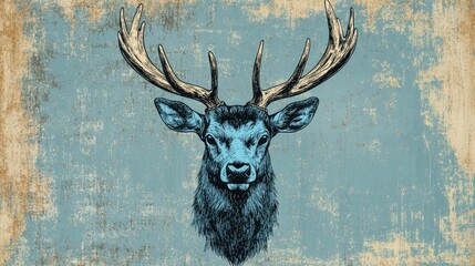 Coloring book illustration of a blue deer head with antlers on a solid background Minimalist design concept