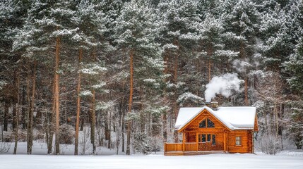 Cozy Wooden Cabin in Snowy Forest Landscape