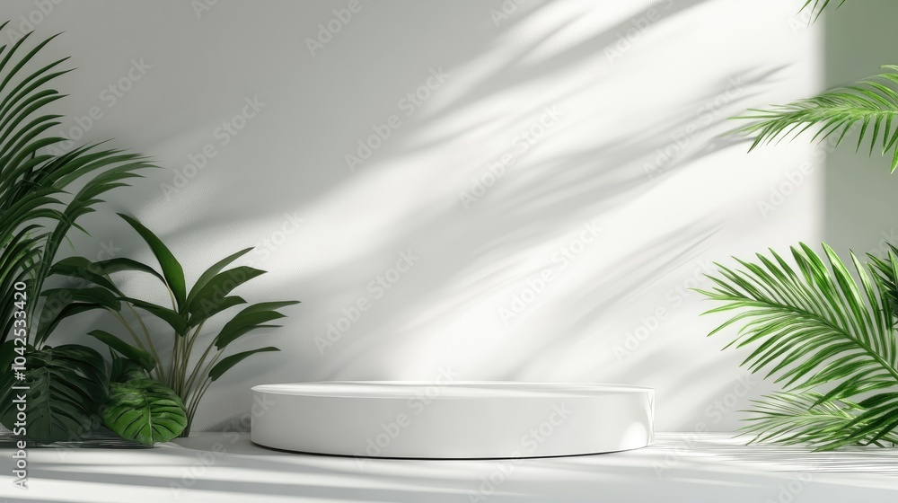 Aufkleber product showcase featuring a white podium and a minimal abstract setting for brand presentation with