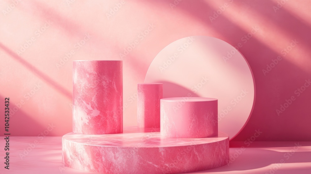 Poster cylinder podiums against a pink backdrop abstract minimalistic scene featuring geometric shapes sett