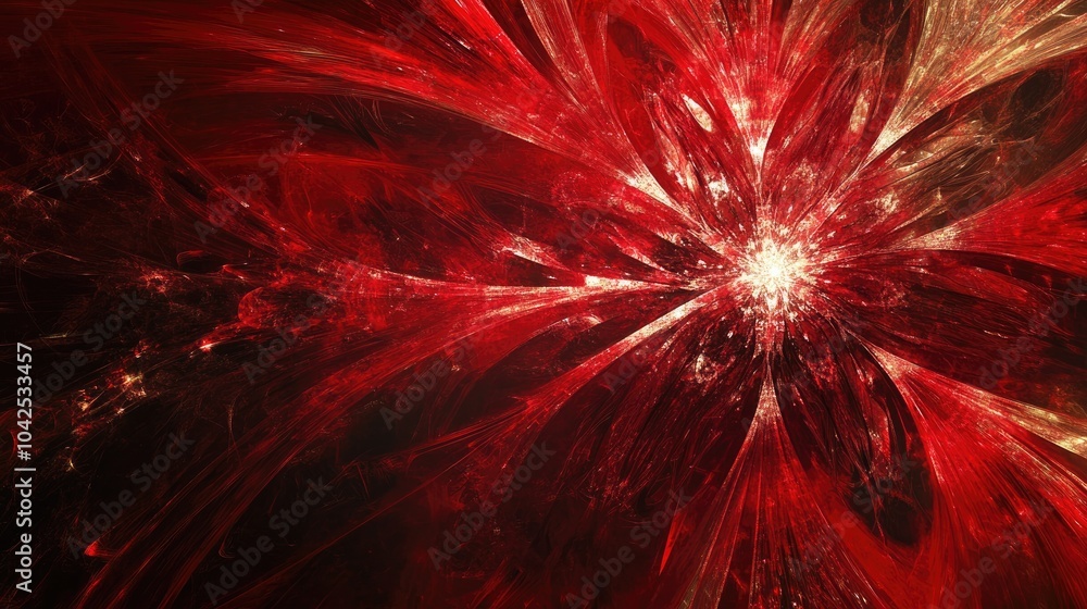 Poster abstract red background featuring a fractal explosion star design enhanced with glossy lines creatin