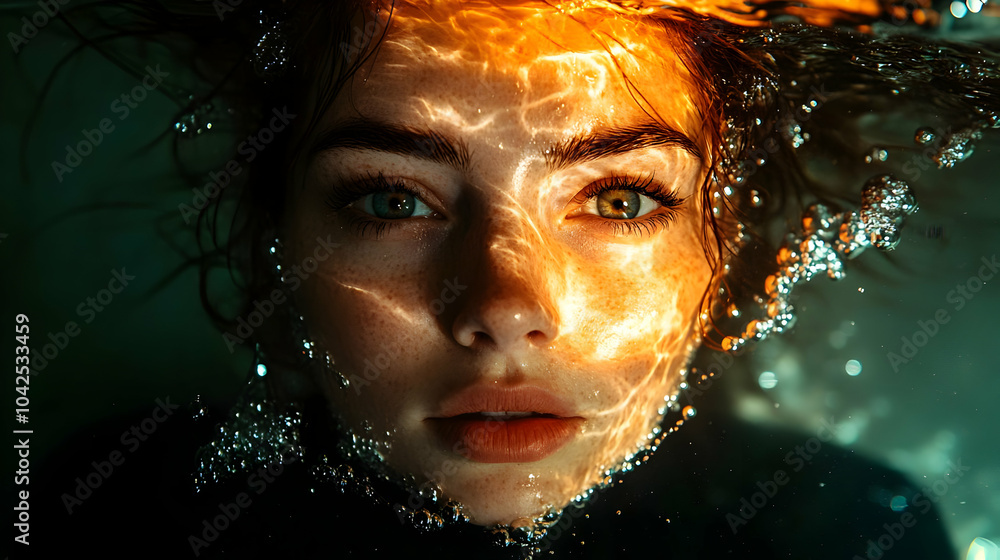 Poster A captivating underwater portrait of a woman with shimmering light.