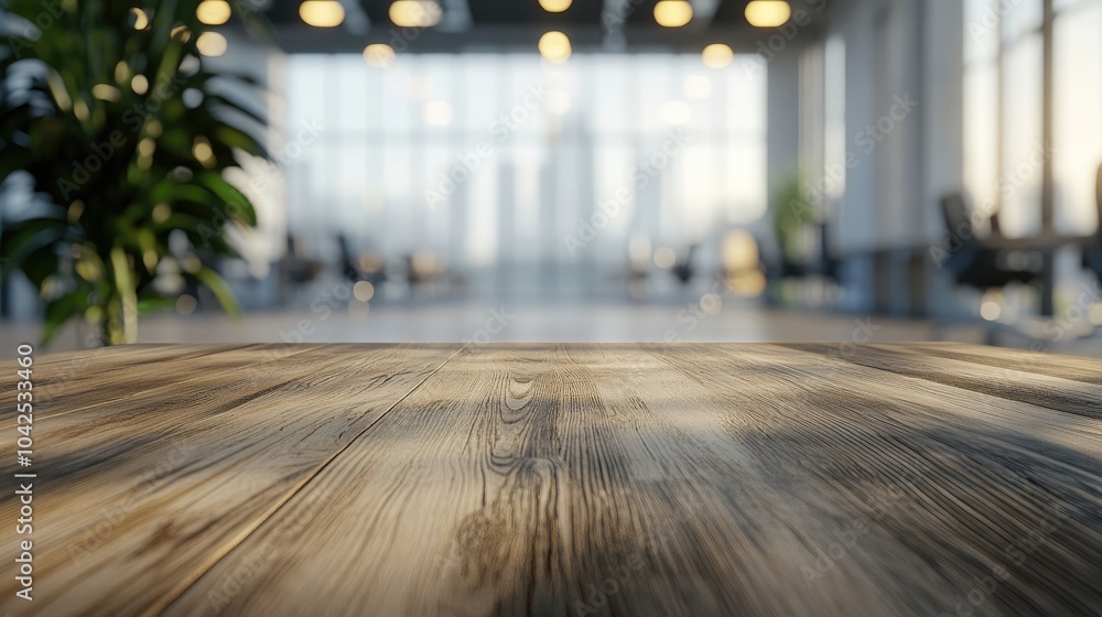 Poster 3d rendering of a wood tabletop in a blurred empty office space with abstract light bokeh in the bac