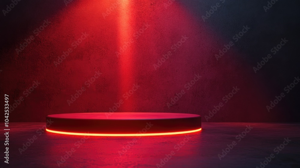Poster red neon light product background featuring a podium on a textured street floor with a glowing spotl