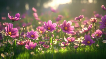 Fototapeta premium Cosmos flowers in full bloom depicted through 3D cartoon rendering
