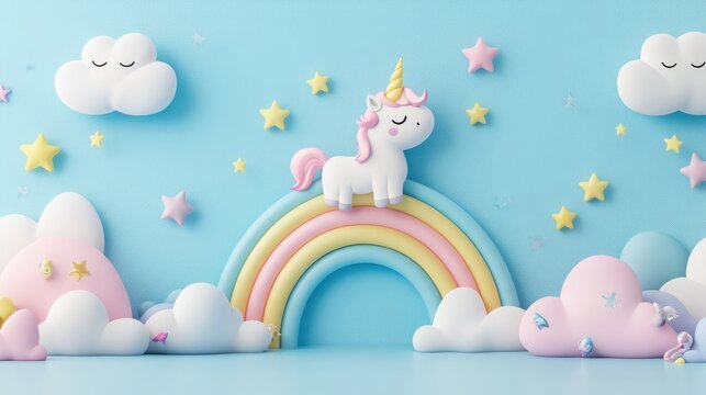 Seamless 3D cartoon sky border featuring a 2D baby unicorn kawaii rainbow pastel clouds and stars Ideal for children s bedroom decor and fairy tale themed posters