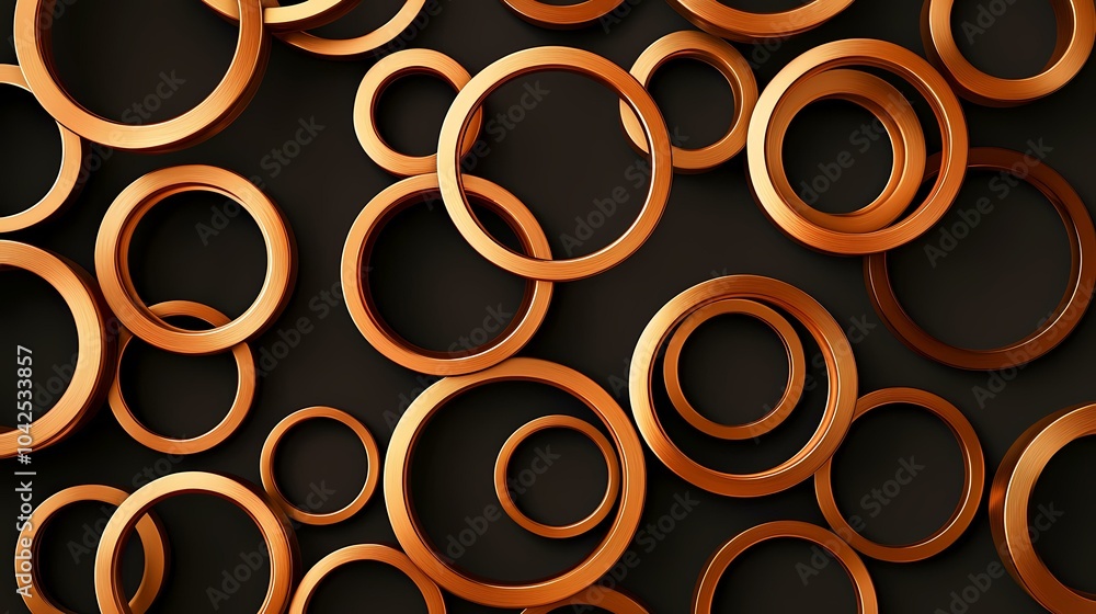 Poster the image contains many shiny copper-colored rings on a black background. the rings are arranged in 