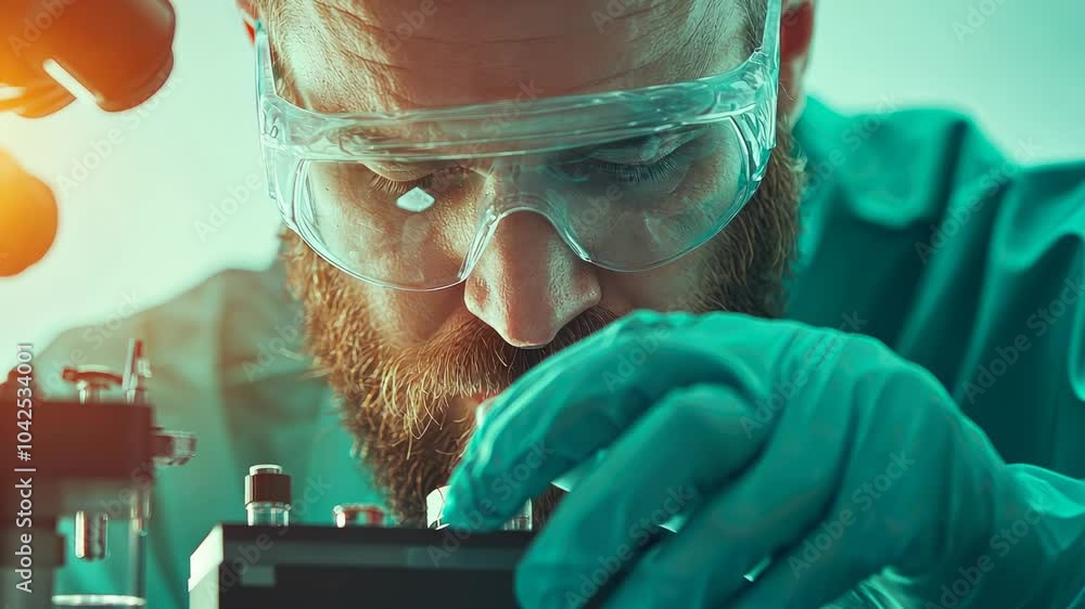 Poster focused scientist examines a sample under a microscope in a laboratory setting