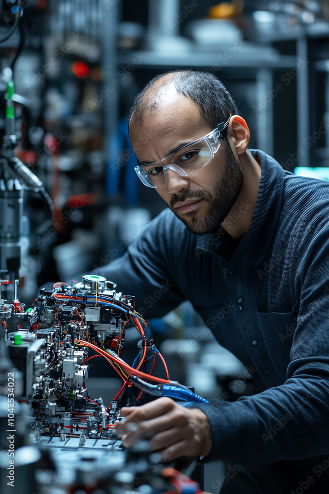 Poster innovative engineer working on advanced technology in a high-tech laboratory environment