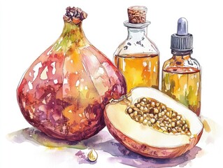 Watercolor illustration of baobab fruit essential oil drop and glass bottle on a white background