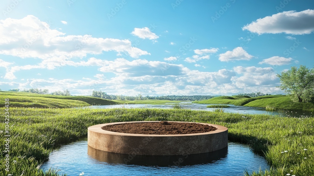 Poster fantasy 3d rendering of a circular podium set in a grassy field beside a river featuring a surreal i