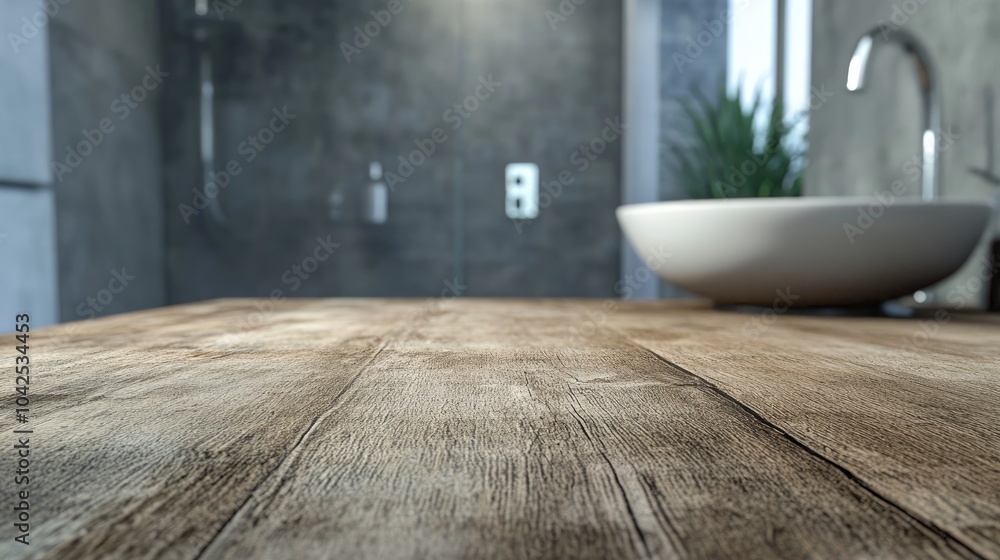 Poster 3d rendering of a wooden tabletop with a defocused bathroom sink counter in the background