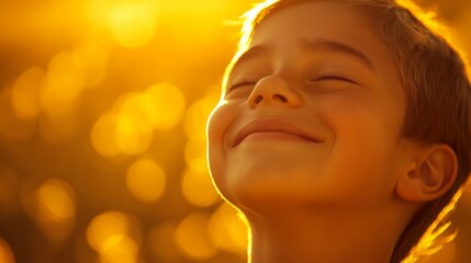 Fototapeta premium A Young Boy Smiles Upward, Bathed in Golden Sunlight