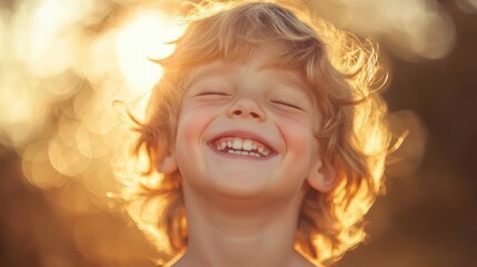 Fototapeta premium Close-up Portrait of a Young Boy Smiling with Eyes Closed in Golden Sunlight