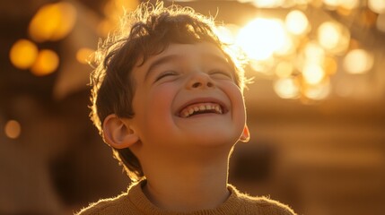A Young Boy Smiles Brightly Up at the Setting Sun