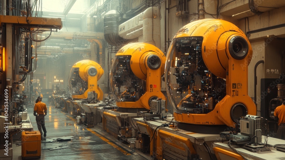 Poster futuristic factory with robots