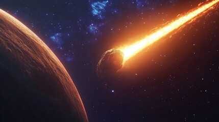 Naklejka premium 3D cartoon depiction of a glowing asteroid and a comet tail approaching the planet posing a threat to Earth s safety
