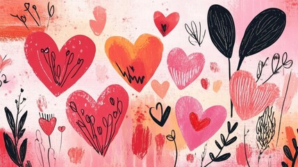 2D cartoon illustration of Valentine s Day with doodle hearts love themed artwork and pink painted heart designs
