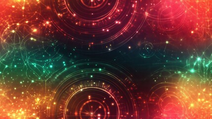 Obraz premium Colored round symbol of sacred geometry with glowing stars featuring orange pink and green hues suitable for logo game cover or card design