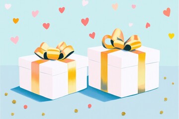 Obraz premium Illustration of two white gift boxes adorned with golden silk ribbon bows surrounded by sequins and heart shaped confetti on a plain background with ample blank space