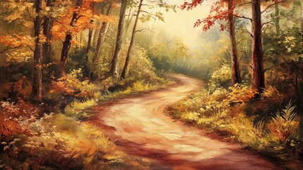 Obraz premium Oil painting depicting an enchanting hiking trail through a picturesque forest showcasing the serene beauty of an autumn landscape and harmony in nature