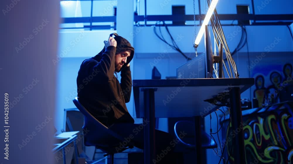 Poster hacker in hidden shelter listening music while launching ddos attacks on websites, crashing them by 