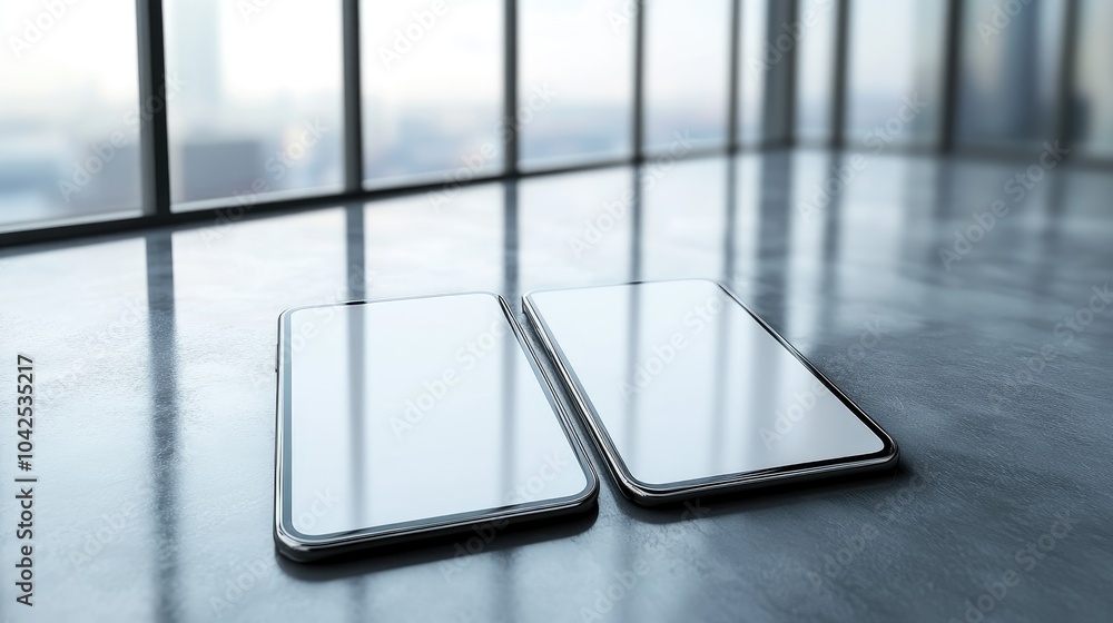 Poster realistic 3d rendering of two blank smartphone mockups