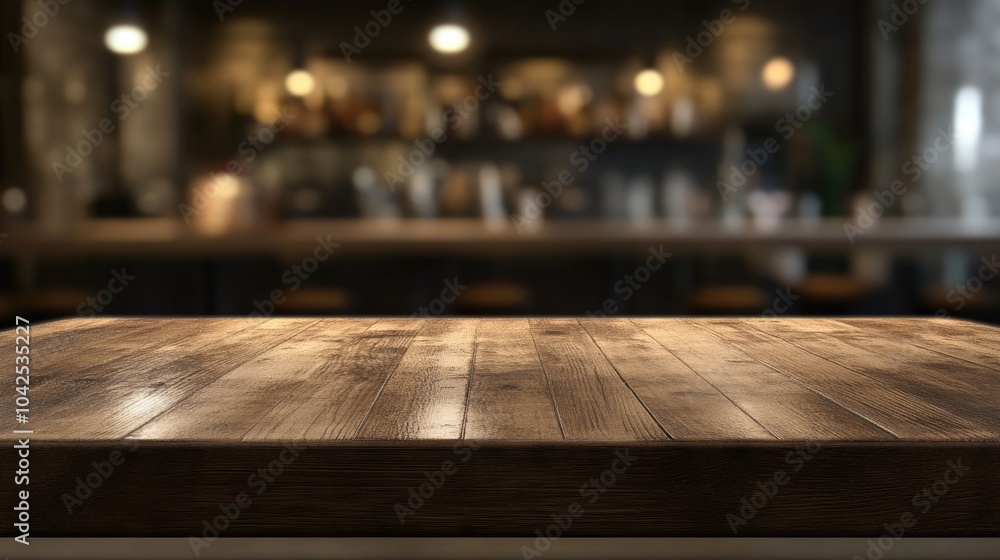 Poster 3d rendering of an empty wooden table with a blurred dining environment in the background
