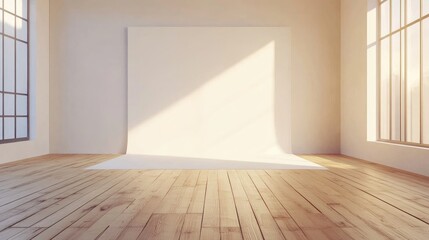 Naklejka premium Empty Photo Studio With Lights Wooden Floor Large White Backdrop For Photography And Artistic Creations Blank Wall Photographer S Background