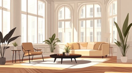 Obraz premium Realistic Lounge Interior Design With Wooden Floor Large Windows Moldings Glass Panels Round Dark Wood Coffee Table Armchairs Spacious L Shaped Couch And White Walls