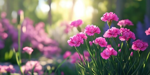 Beautiful pink Dianthus Firewitch flowers blooming in a garden during summer, Pink Dianthus flowers blooming in a summer garden