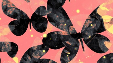 Abstract black four leaf design featuring fireflies set against a pink background in digital art