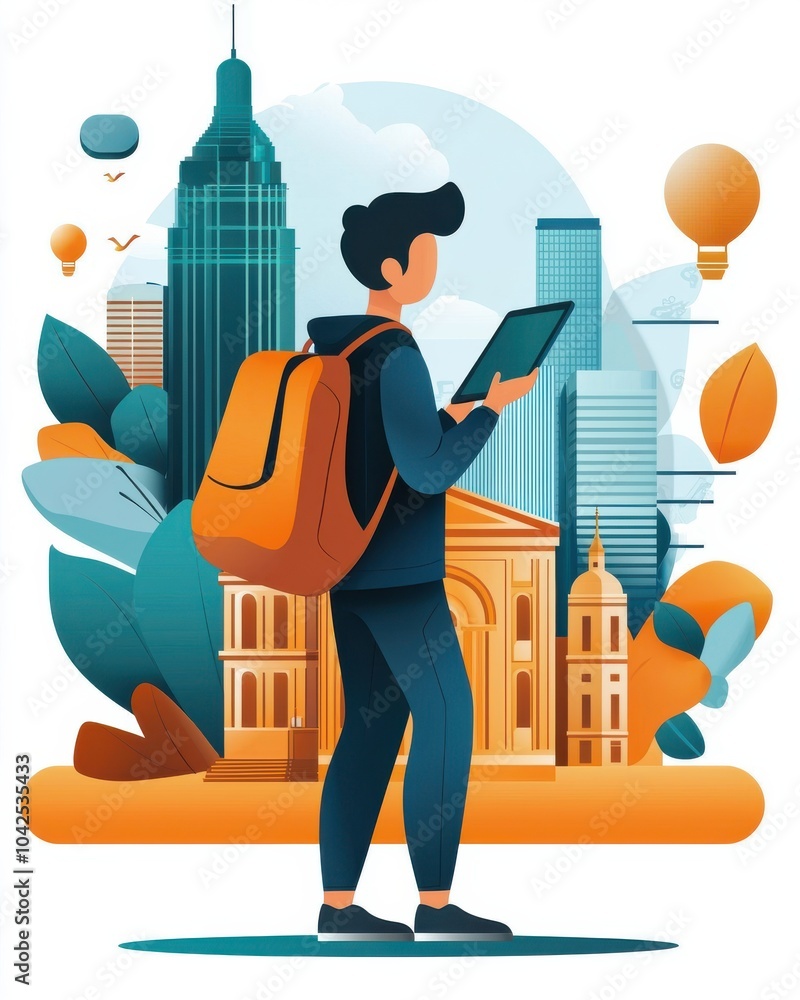 Poster Student Using Tablet with Augmented Reality in Cityscape