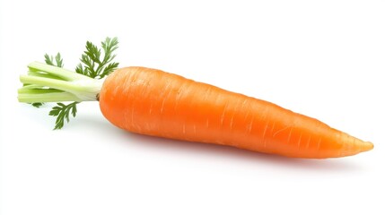 A fresh orange carrot with green leaves, showcasing its natural appearance.