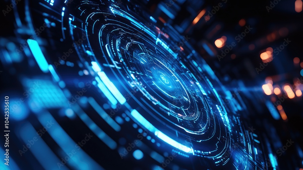 Poster blue circular technology on a dark background abstract digital design representing a futuristic conc