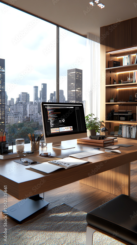Poster modern workspace with city view a blend of technology and design in a sleek office environment