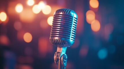 A vintage silver microphone with a blurred background of warm lights.