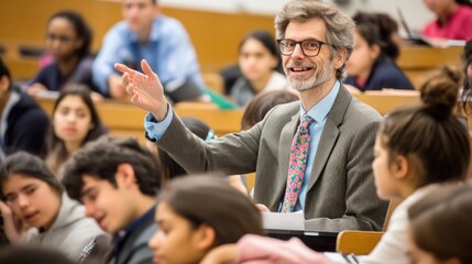 A male professor with a grey suit and a pink tie speaks to a class full of students, teaching in a classroom.