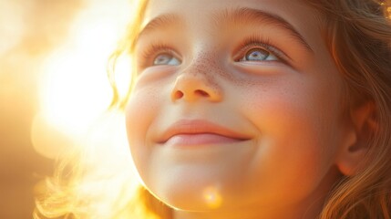 Fototapeta premium Close-up of a Young Girl with Freckles Looking Upwards in the Golden Sunlight