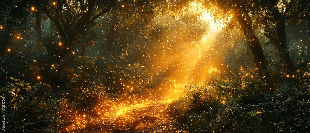 Poster a mystical forest path illuminated by golden lights