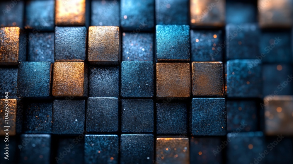 Poster The artwork features a detailed arrangement of dark and metallic squares, creating a stunning mosaic effect. Various shades of blue and bronze add depth and visual interest.